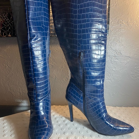 SHOE DAZZLE Night Is Young Asymmetrical Teal Stiletto Boot - Picture 6 of 16